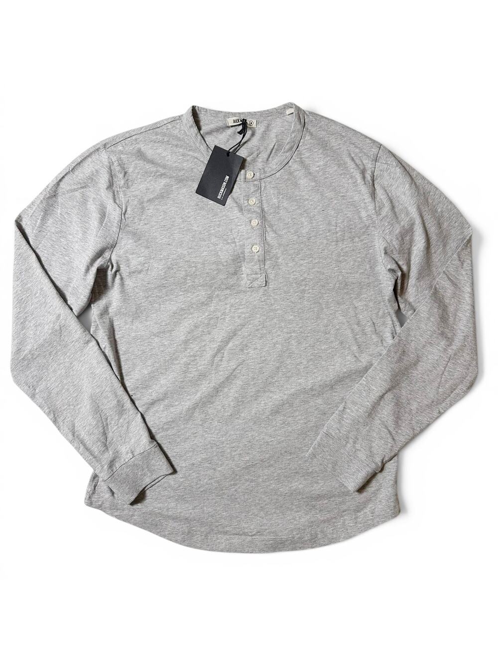 Buck Mason Curved Hem Pima Henley Mens Size M Heather Grey Long Sleeve NWT